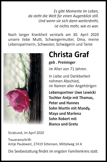 Traueranzeige von Christa Graf von Demminer Zeitung