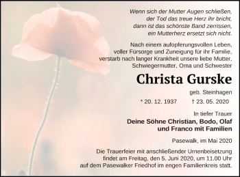 Traueranzeige von Christa Gurske von Pasewalker Zeitung