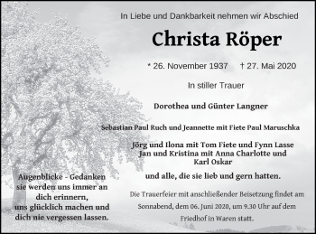 Traueranzeige von Christa Röper von Müritz-Zeitung