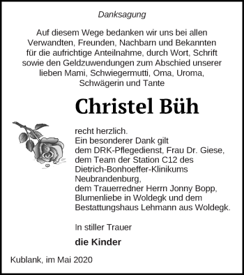 Traueranzeige von Christel Büh von Neubrandenburger Zeitung