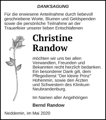 Traueranzeige von Christine Randow von Neubrandenburger Zeitung