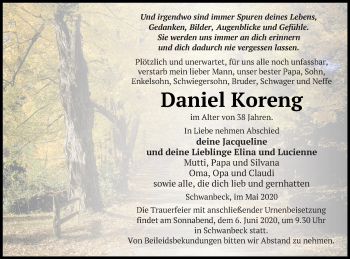 Traueranzeige von Daniel Koreng von Neubrandenburger Zeitung