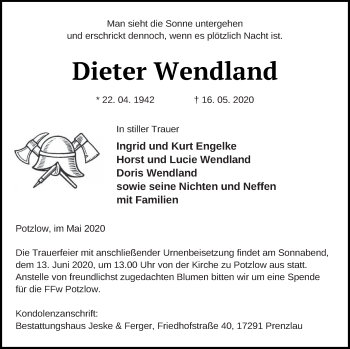 Traueranzeige von Dieter Wendland von Prenzlauer Zeitung