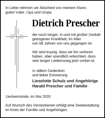 Traueranzeige von Dietrich Prescher von Haff-Zeitung