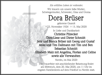 Traueranzeige von Dora Brüser von Vorpommern Kurier