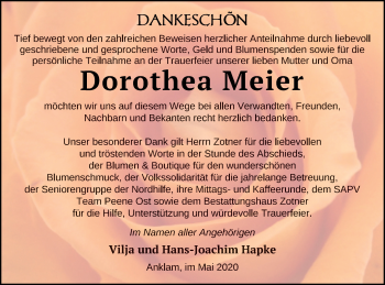 Traueranzeige von Dorothea Meier von Vorpommern Kurier