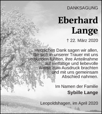 Traueranzeige von Eberhard Lange von Haff-Zeitung