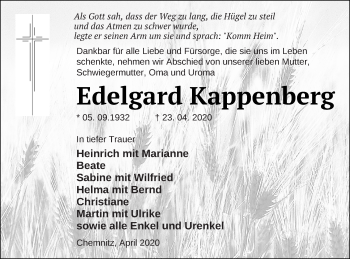 Traueranzeige von Edelgard Kappenberg von Neubrandenburger Zeitung