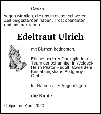 Traueranzeige von Edeltraut Ulrich von Neubrandenburger Zeitung