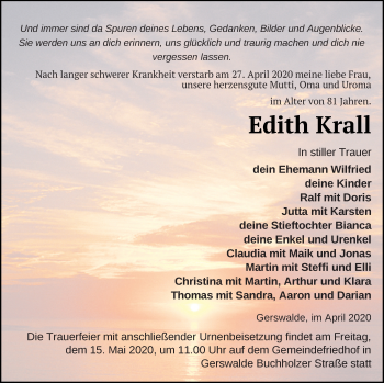 Traueranzeige von Edith Krall von Templiner Zeitung