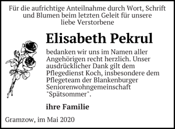 Traueranzeige von Elisabeth Pekrul von Prenzlauer Zeitung