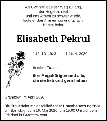 Traueranzeige von Elisabeth Pekrul von Prenzlauer Zeitung