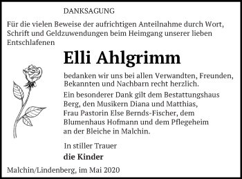 Traueranzeige von Elli Ahlgrimm von Demminer Zeitung