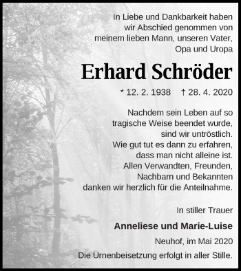 Traueranzeige von Erhard Schröder von Strelitzer Zeitung