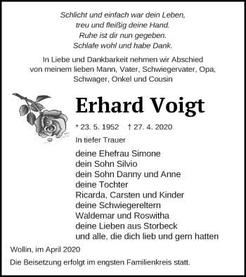 Traueranzeige von Erhard Voigt von Prenzlauer Zeitung