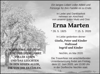 Traueranzeige von Erna Marten von Pasewalker Zeitung