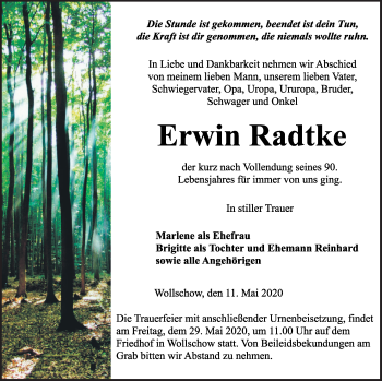 Traueranzeige von Erwin Radtke von Pasewalker Zeitung