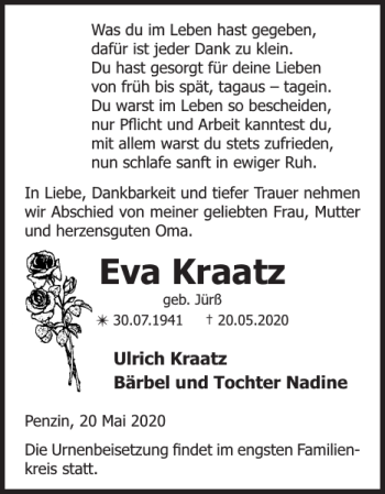 Traueranzeige von Eva Kraatz von Bützower Zeitung