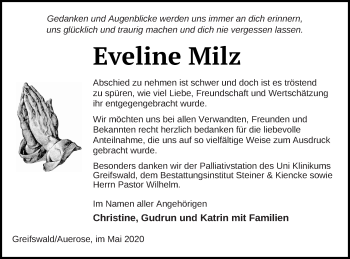 Traueranzeige von Eveline Milz von Vorpommern Kurier