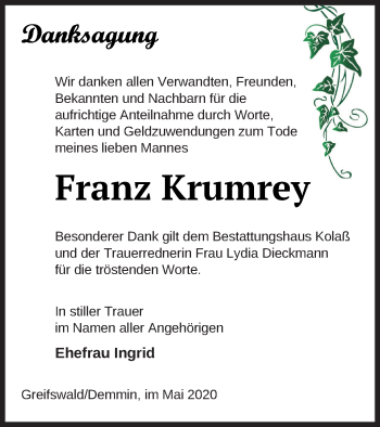 Traueranzeige von Franz Krumrey von Demminer Zeitung