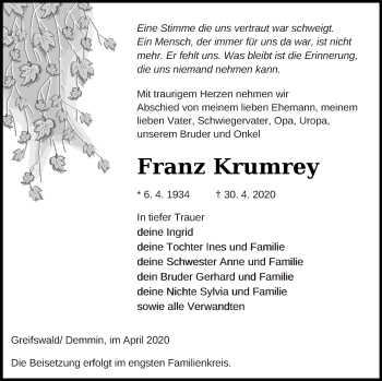 Traueranzeige von Franz Krumrey von Demminer Zeitung