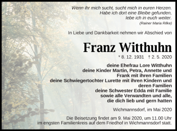 Traueranzeige von Franz Witthuhn von Templiner Zeitung