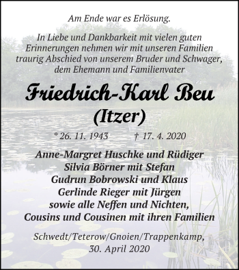 Traueranzeige von Friedrich-Karl Beu von Mecklenburger Schweiz