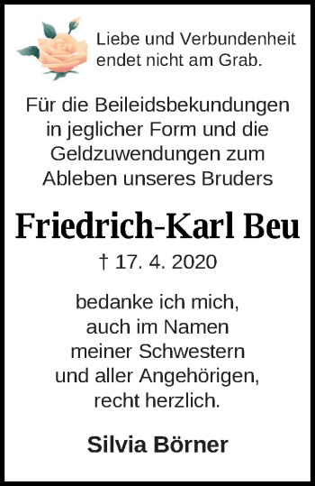 Traueranzeige von Friedrich-Karl Beu von Mecklenburger Schweiz