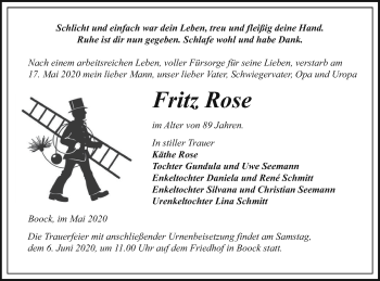 Traueranzeige von Fritz Rose von Pasewalker Zeitung