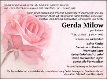 Traueranzeige von Gerda Milow von Vorpommern Kurier