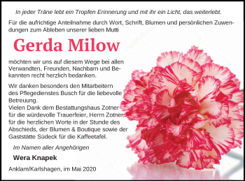 Traueranzeige von Gerda Milow von Vorpommern Kurier