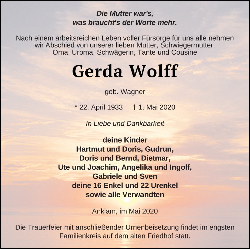 Traueranzeige für Gerda Wolff vom 09.05.2020 aus Vorpommern Kurier