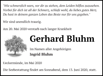 Traueranzeige von Gerhard Bluhm von Haff-Zeitung