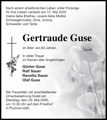 Traueranzeige von Gertraude Guse von Müritz-Zeitung