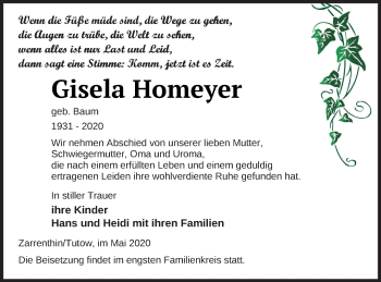 Traueranzeige von Gisela Homeger von Vorpommern Kurier