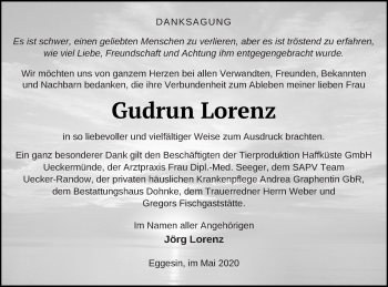 Traueranzeige von Gudrun Lorenz von Haff-Zeitung