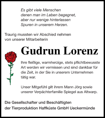 Traueranzeige von Gudrun Lorenz von Haff-Zeitung