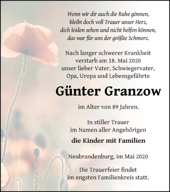 Traueranzeige von Günter Granzow von Neubrandenburger Zeitung