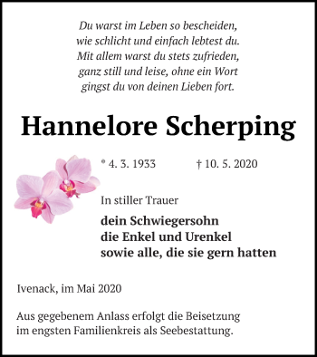 Traueranzeige von Hannelore Scherping von Neubrandenburger Zeitung