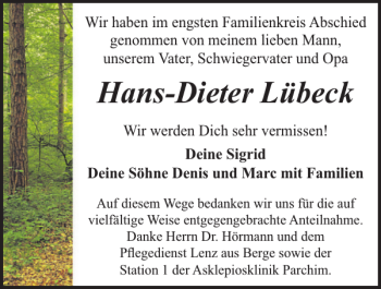 Traueranzeige von Hans-Dieter Lübeck von Parchimer Zeitung