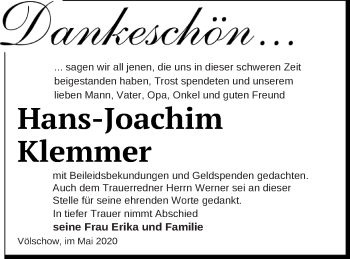 Traueranzeige von Hans-Joachim Klemmer von Vorpommern Kurier