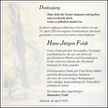 Traueranzeige von Hans-Jürgen Feldt von Pasewalker Zeitung