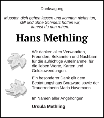 Traueranzeige von Hans Methling von Mecklenburger Schweiz