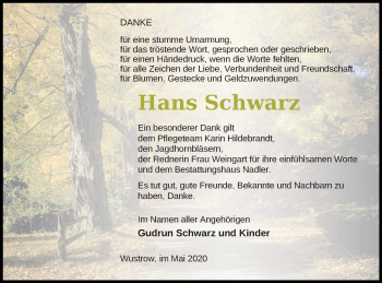 Traueranzeige von Hans Schwarz von Strelitzer Zeitung