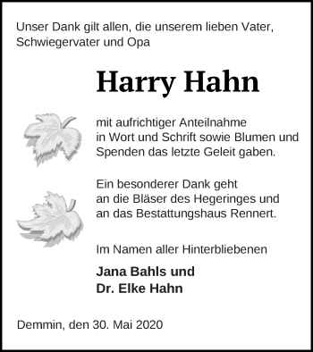 Traueranzeige von Harry Hahn von Demminer Zeitung