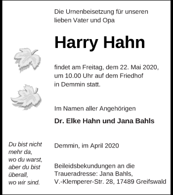 Traueranzeige von Harry Hahn von Demminer Zeitung