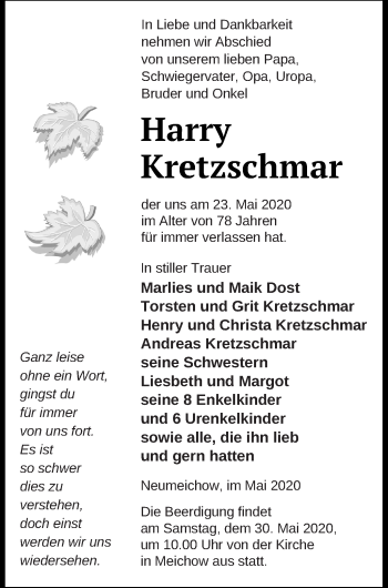 Traueranzeige von Harry Kretzschmar von Prenzlauer Zeitung