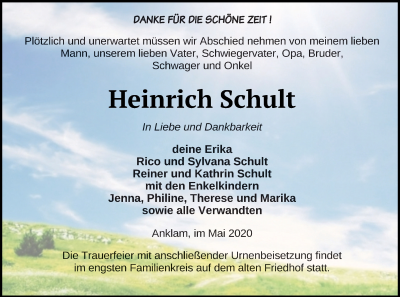  Traueranzeige für Heinrich Schult vom 23.05.2020 aus Vorpommern Kurier