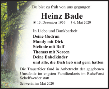 Traueranzeige von Heinz Bade von Zeitung für die Landeshauptstadt