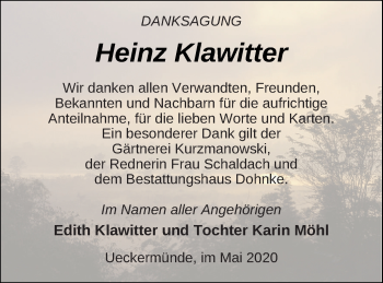Traueranzeige von Heinz Klawitter von Haff-Zeitung